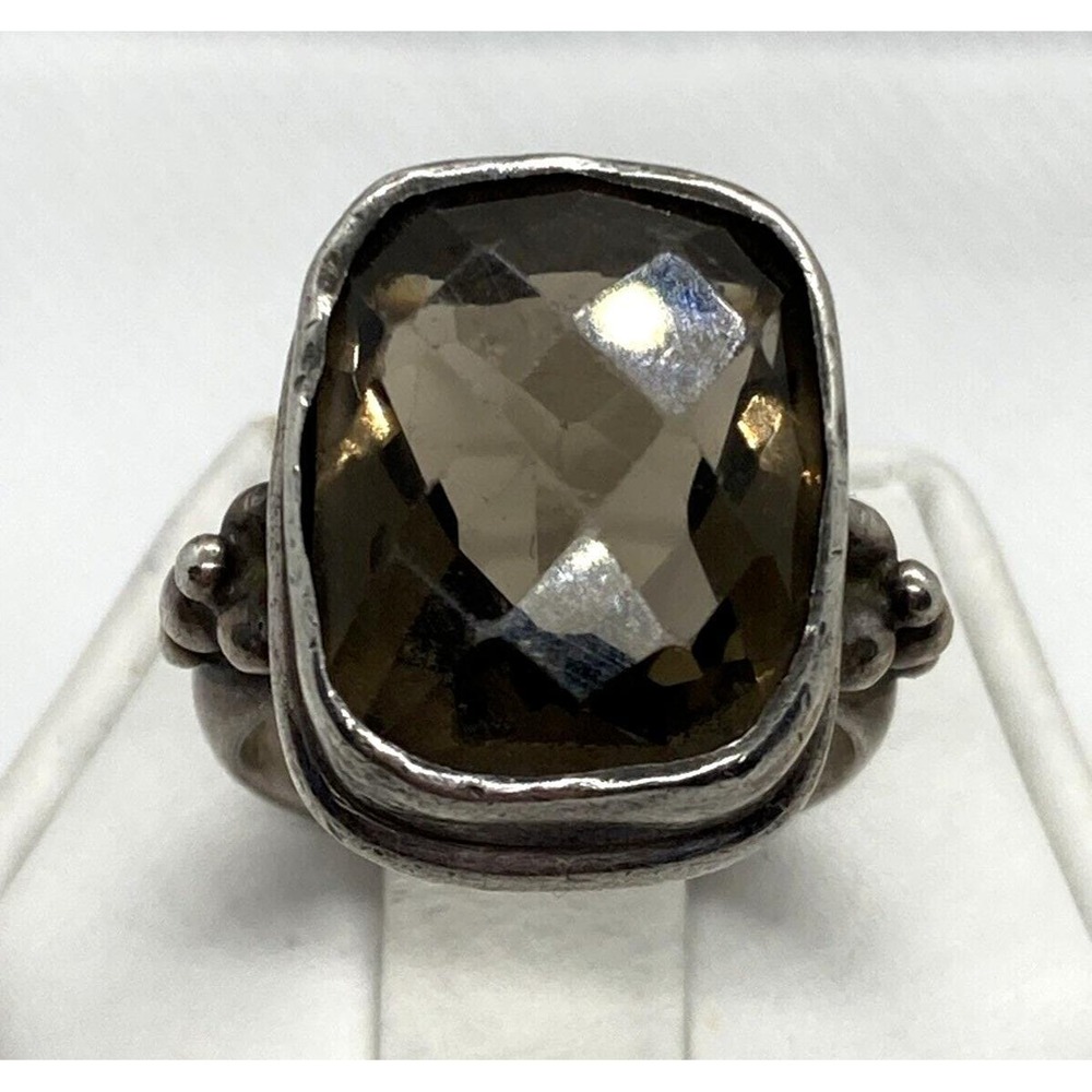 Vintage Faceted Brown Glass Ring Size 6.5‎ Sterling Silver 925 Ring 10.3g Patina